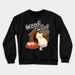 Woof Woof Cat Barking at a bone Funny Contradiction Cartoon Crewneck Sweatshirt